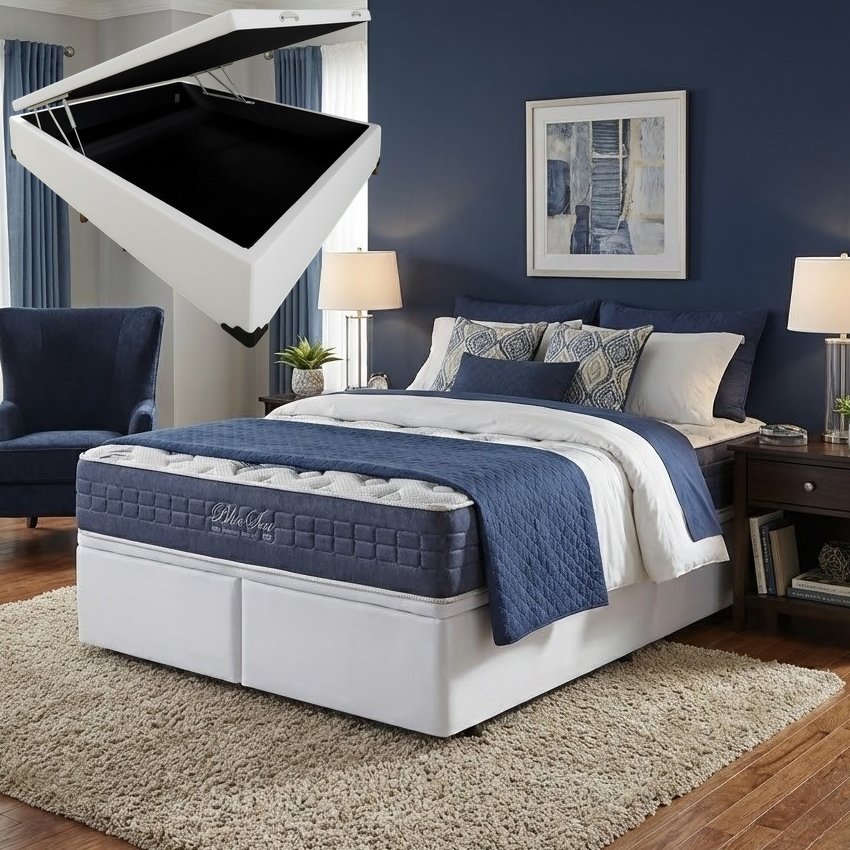 Colchão Queen Blue Sea + Base Box Baú Queen Corino TD