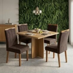 Mesa Pérola 90x90 Imbuia Mel Tampo s/vidro com 4 Cadeiras TD